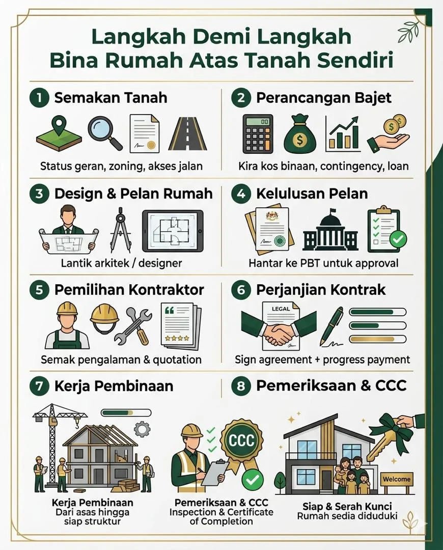 Infografik langkah demi langkah bina rumah atas tanah sendiri: semakan tanah, perancangan bajet, design & pelan rumah, kelulusan pelan PBT, pemilihan kontraktor, perjanjian kontrak, kerja pembinaan, dan pemeriksaan & CCC